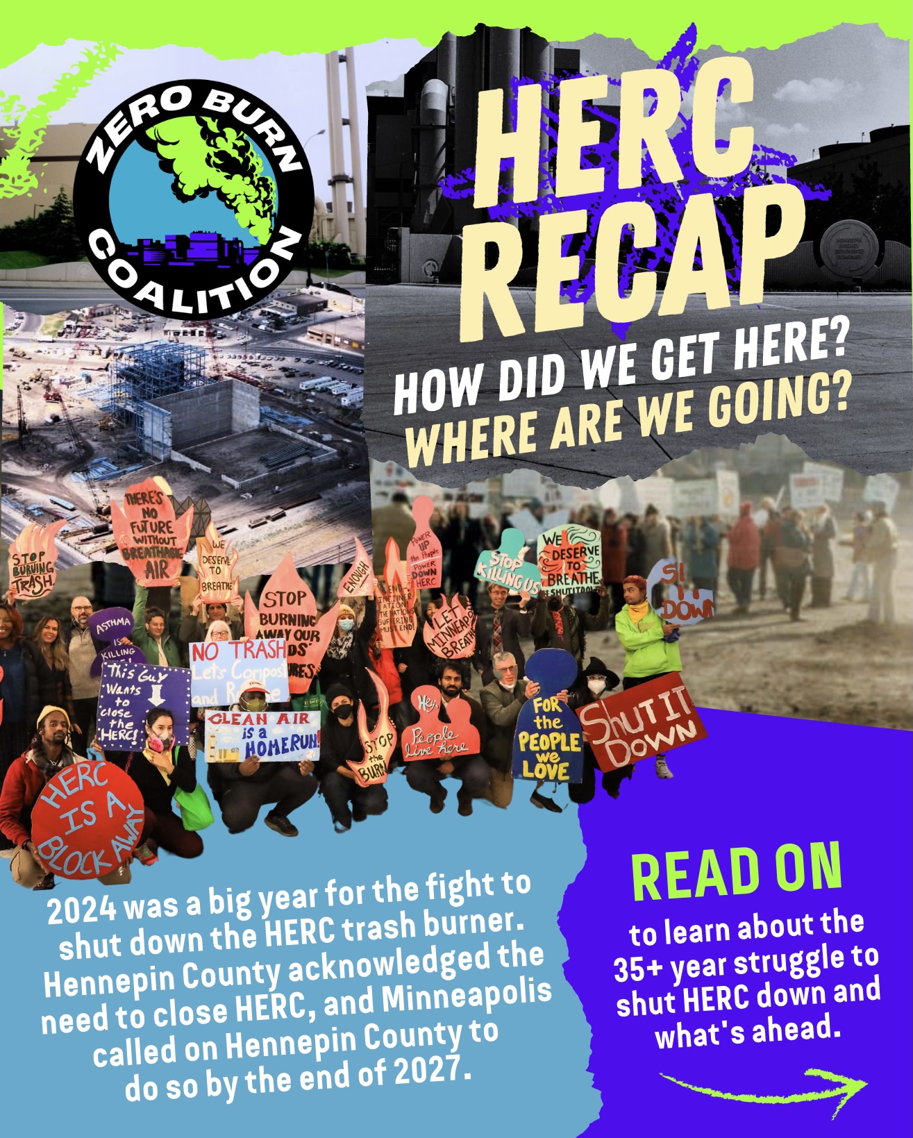 First slide of slideshow detailing the history of struggles against HERC. Title reads 'HERC recap. How did we get here? Where are we going?'. The slide shows images of protesters and HERC construction.