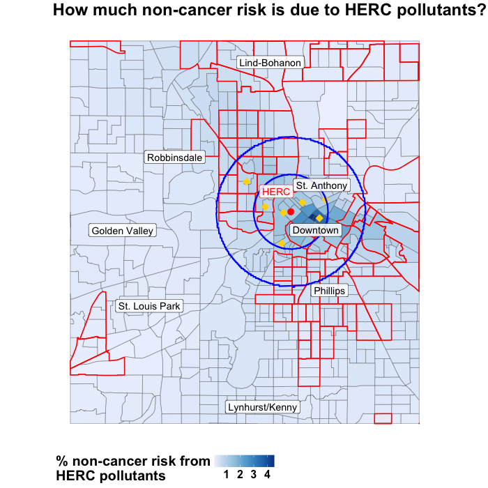 Similar figure to the map on the left but for non-cancer risks instead of cancer risks.