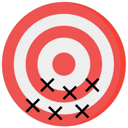 Icon of a bullseye target with 6 black X marks off center at the bottom
